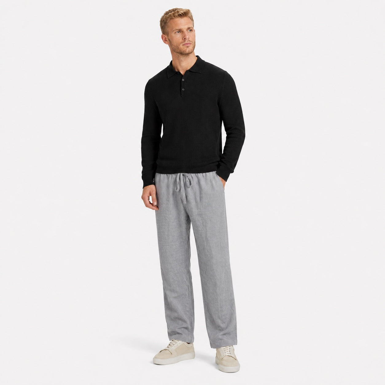 Men's Linen-Look Drawstring Trousers Elasticated Waist Relaxed Fit