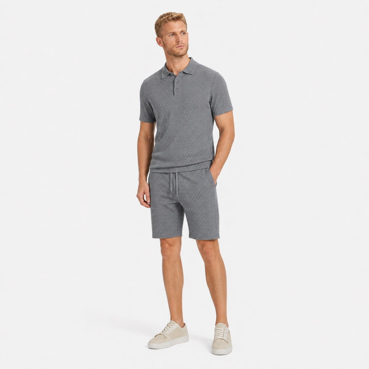 Men's Textured Polo Shirt and Drawstring Shorts Set