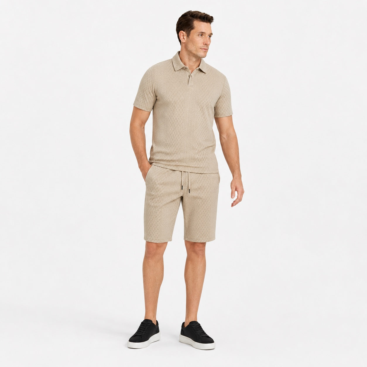 Men's Textured Polo Shirt and Drawstring Shorts Set