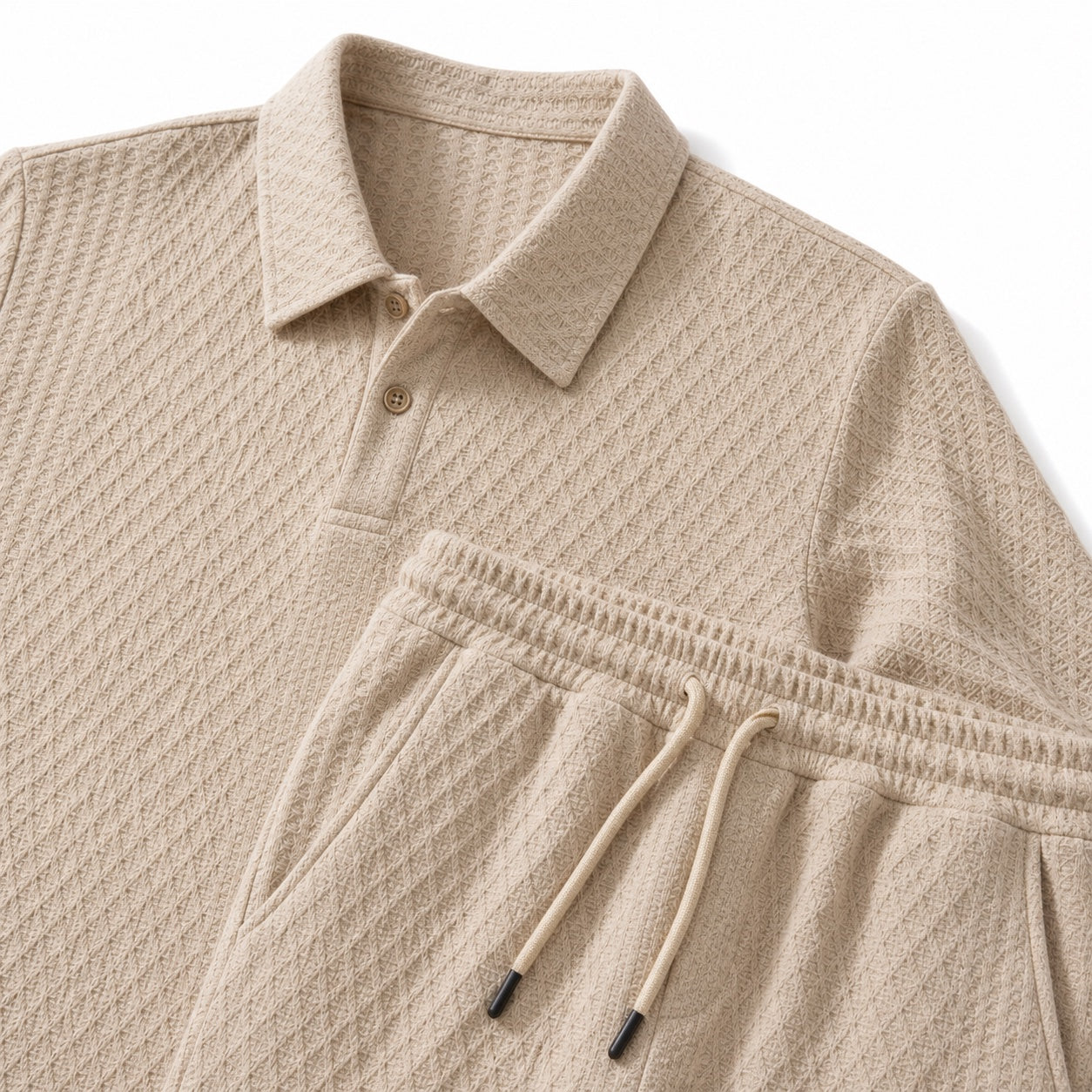 Men's Textured Polo Shirt and Drawstring Shorts Set