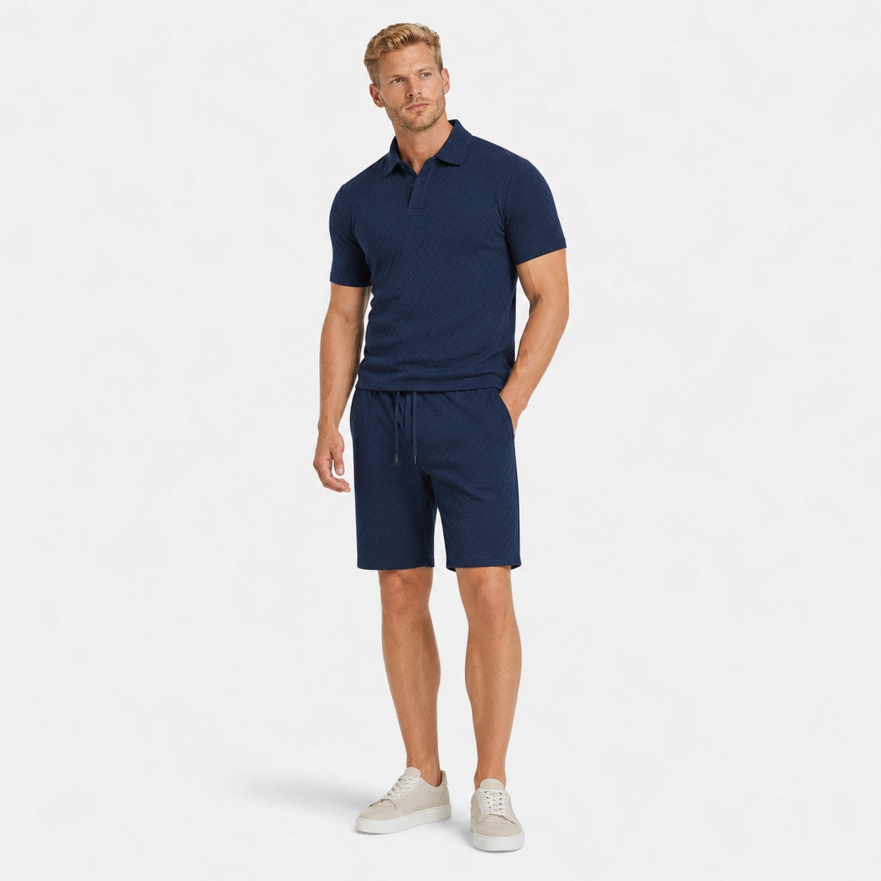 Men's Textured Polo Shirt and Drawstring Shorts Set