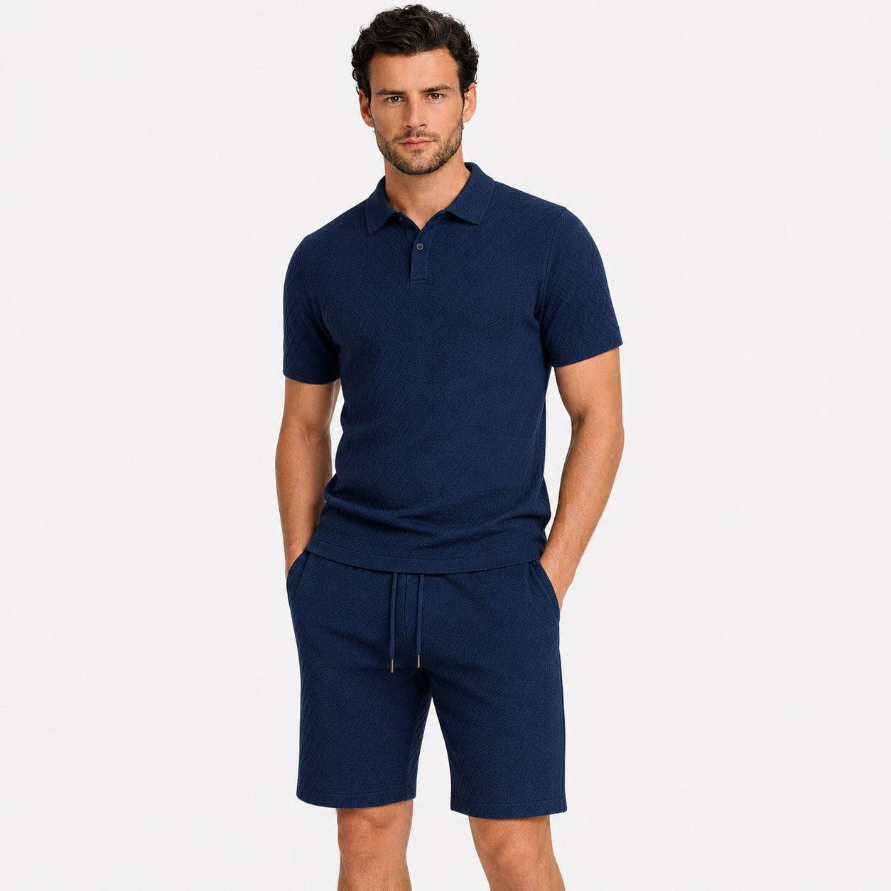 Men's Textured Polo Shirt and Drawstring Shorts Set