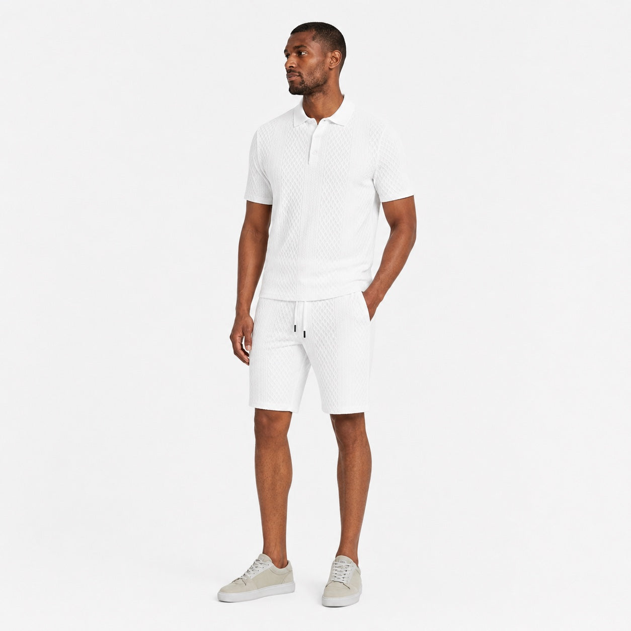 Men's Textured Polo Shirt and Drawstring Shorts Set