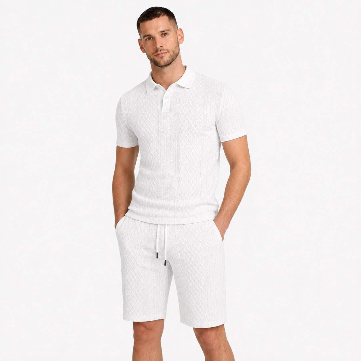 Men's Textured Polo Shirt and Drawstring Shorts Set