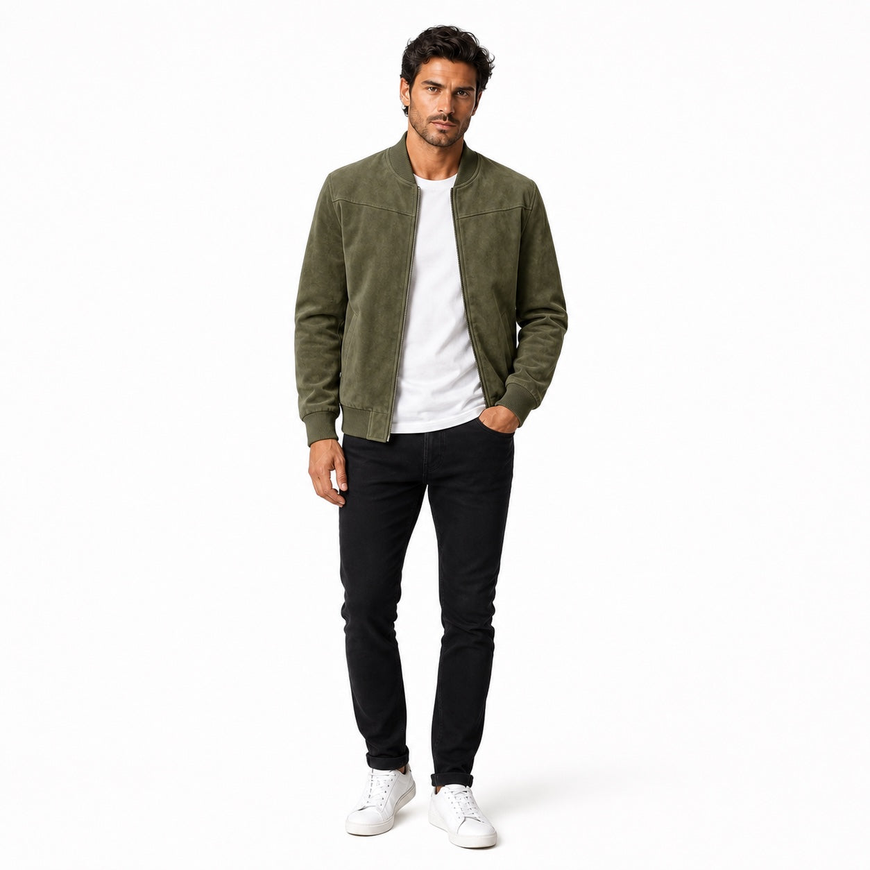 Men's Suede-Look Bomber Zip Jacket Ribbed Regular Fit