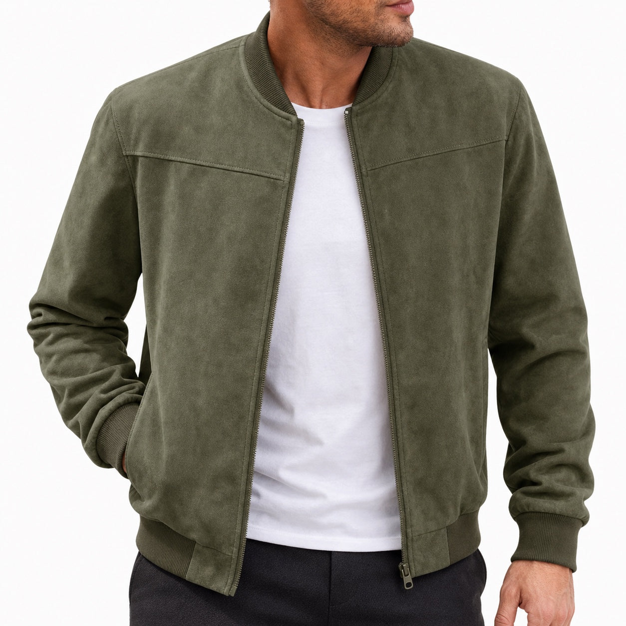 Men's Suede-Look Bomber Zip Jacket Ribbed Regular Fit