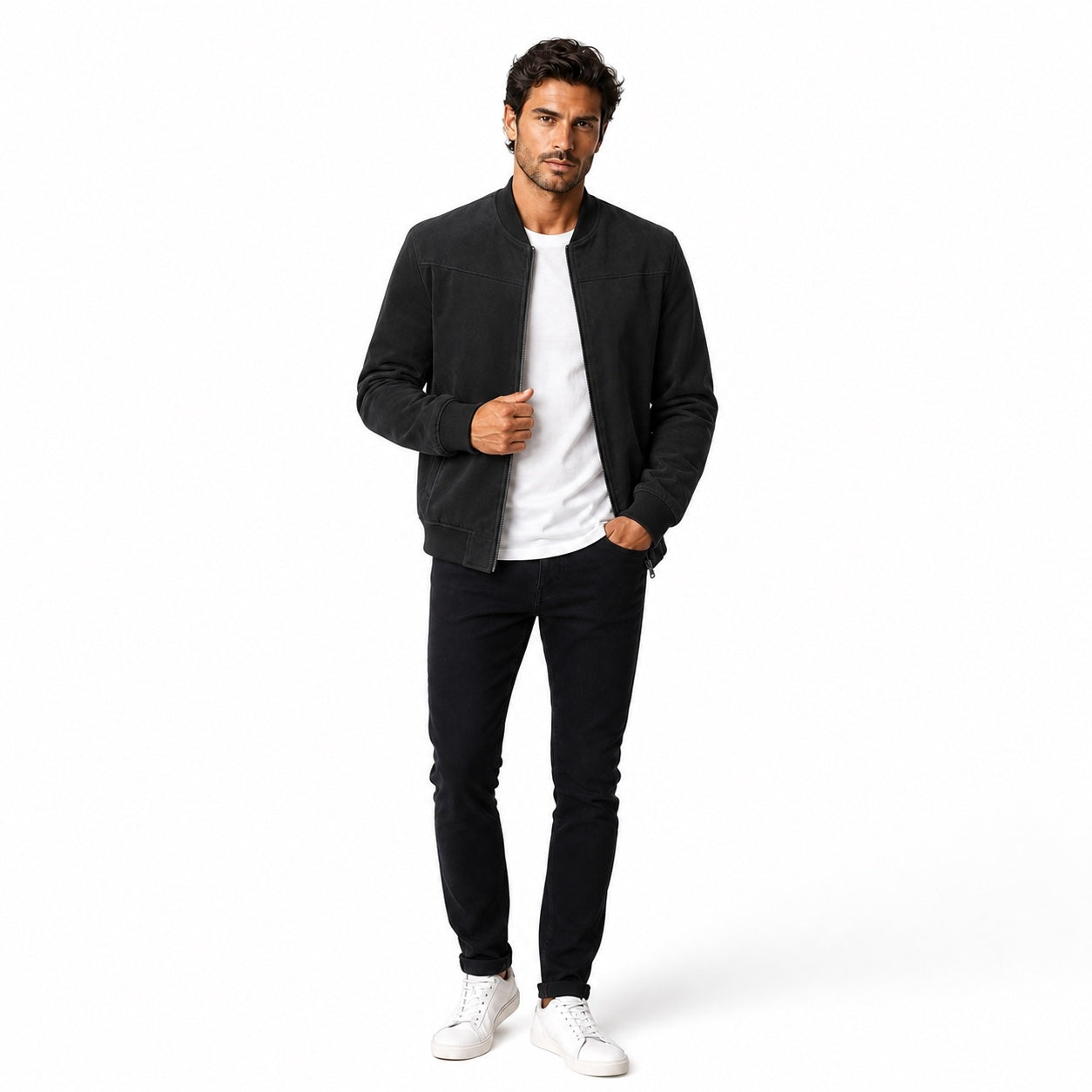 Men's Suede-Look Bomber Zip Jacket Ribbed Regular Fit
