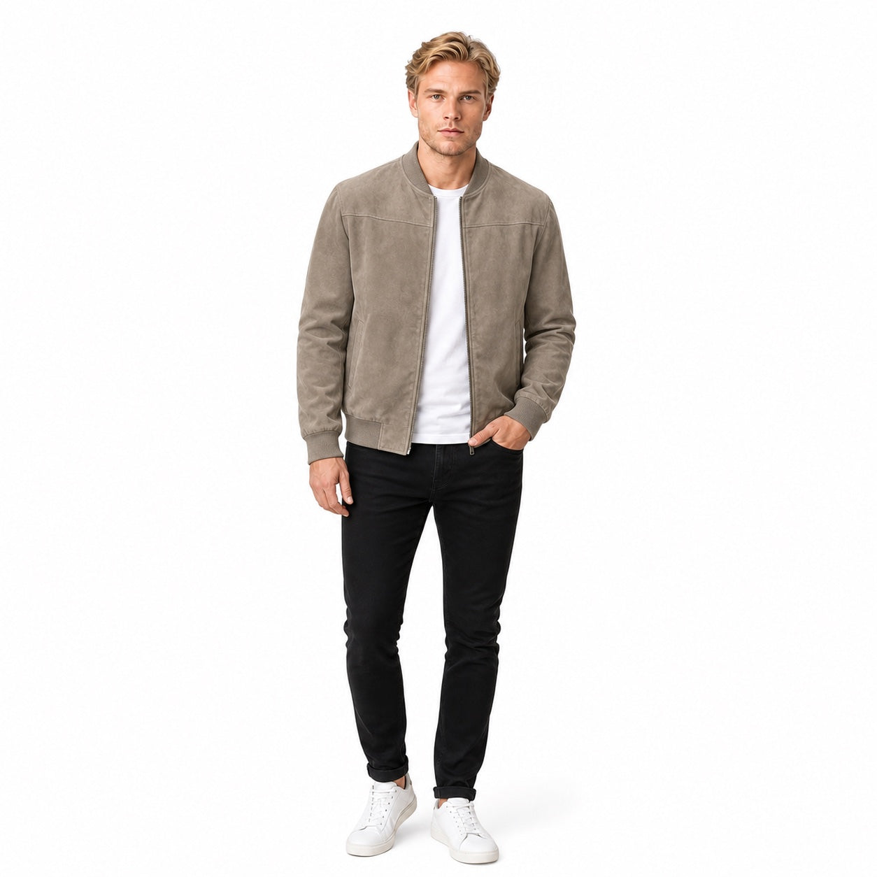 Men's Suede-Look Bomber Zip Jacket Ribbed Regular Fit