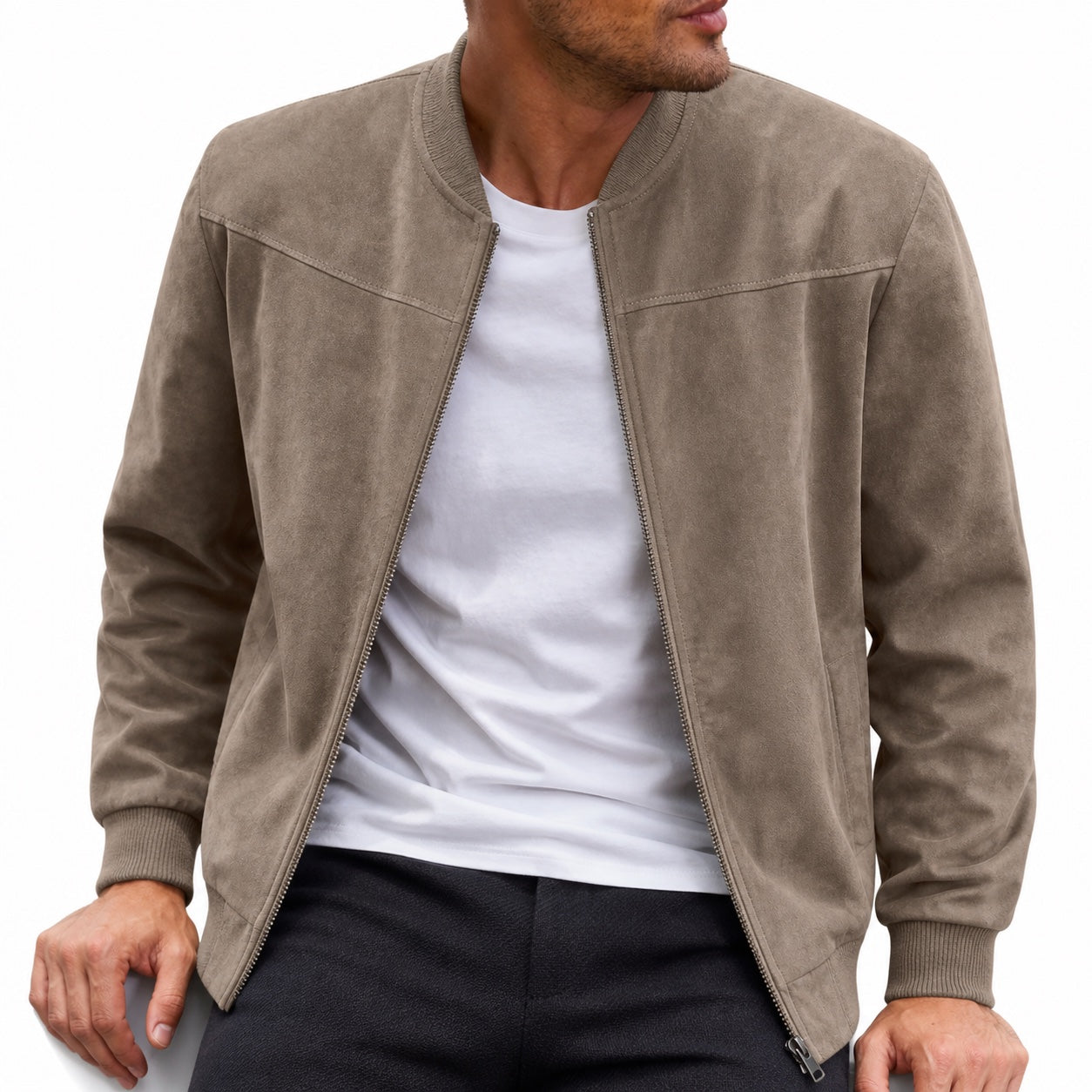 Men's Suede-Look Bomber Zip Jacket Ribbed Regular Fit