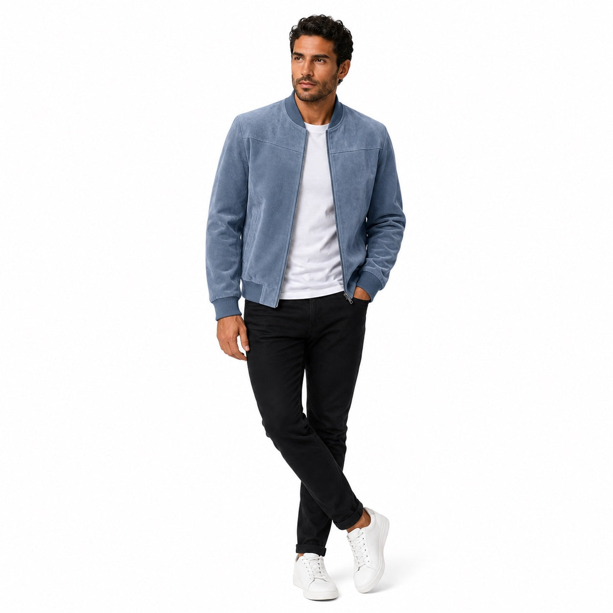Men's Suede-Look Bomber Zip Jacket Ribbed Regular Fit