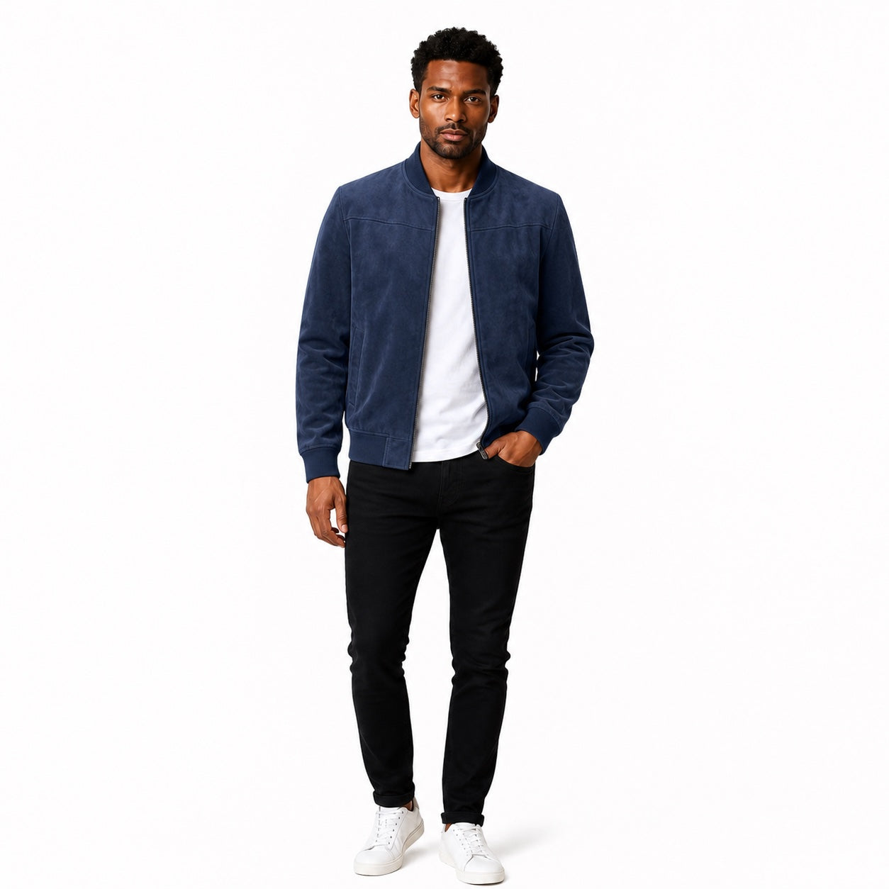 Men's Suede-Look Bomber Zip Jacket Ribbed Regular Fit