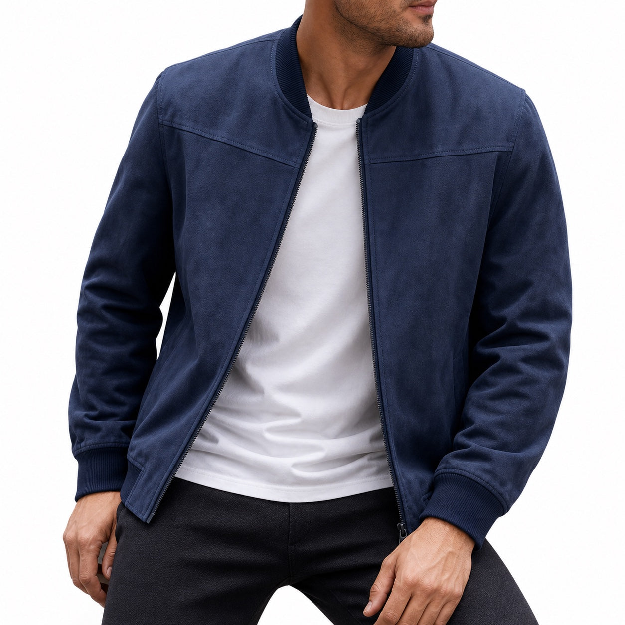 Men's Suede-Look Bomber Zip Jacket Ribbed Regular Fit
