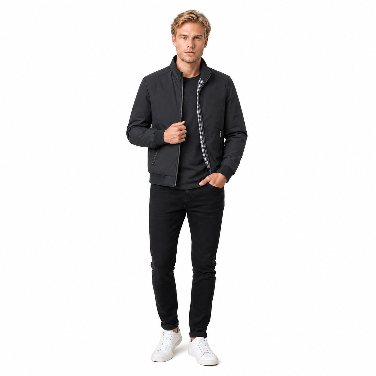 Men's Lightweight Zip Jacket Stand Collar Regular Fit - Black front