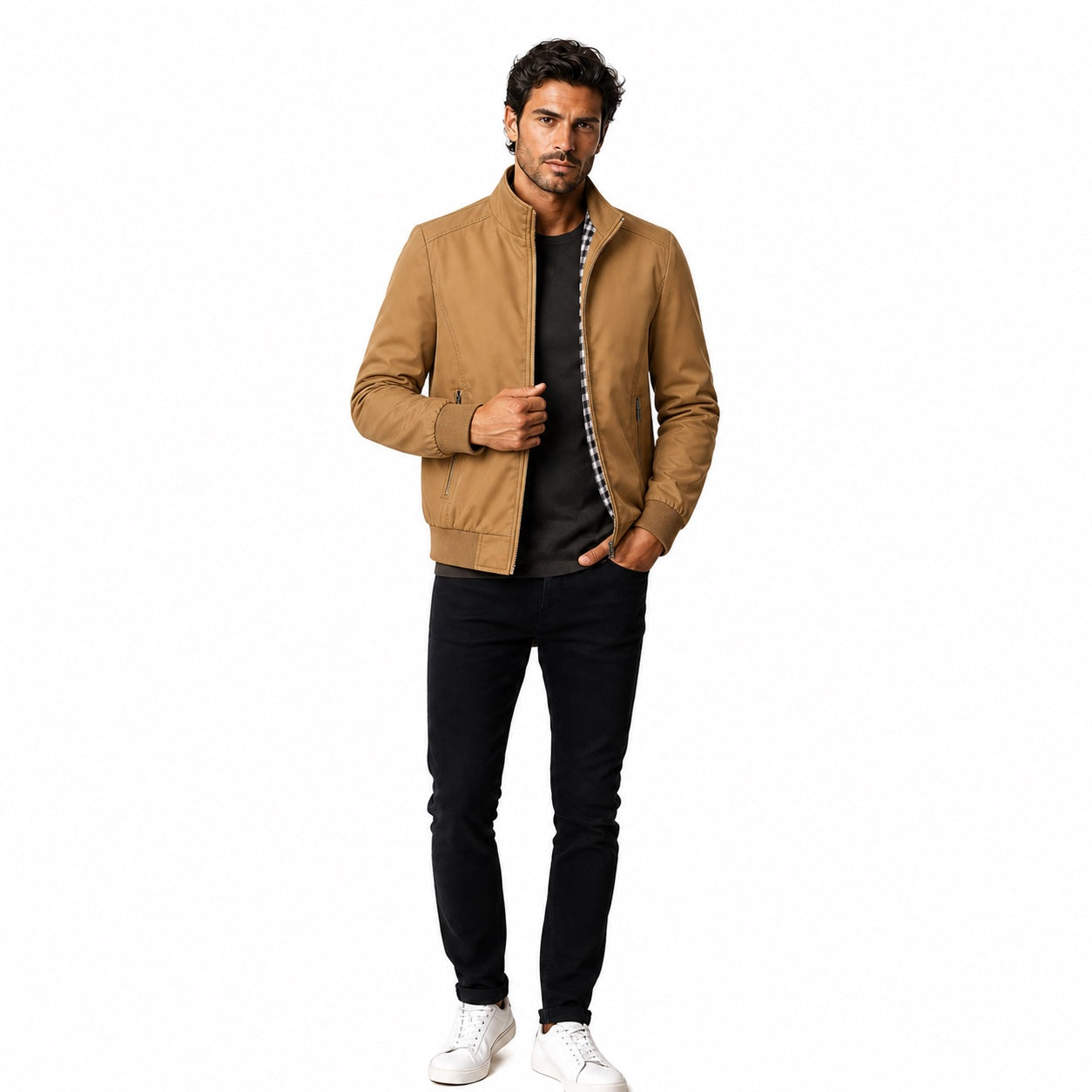 Men's Lightweight Zip Jacket Stand Collar Regular Fit - Khaki front