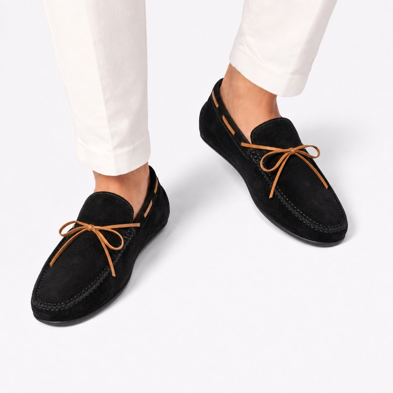 Men's Suede Driving Loafers Moccasin Stitch Comfortable Fit - Black front