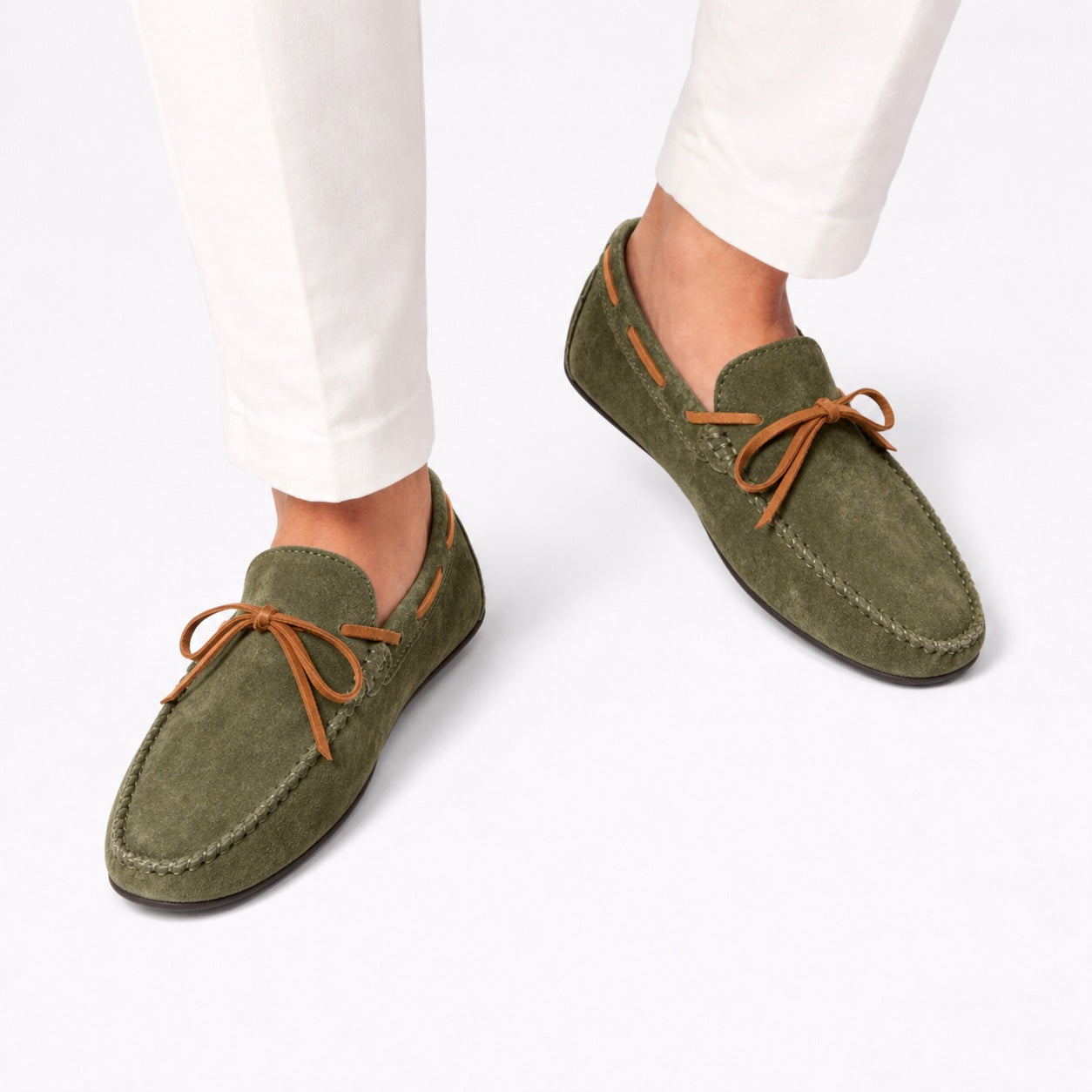 Men's Suede Driving Loafers Moccasin Stitch Comfortable Fit - Dark Green front