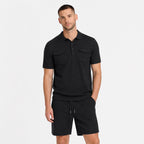 Men's Textured Polo Shirt and Shorts Set Twin Chest Pockets Relaxed Fit - Black front