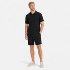 Men's Textured Polo Shirt and Shorts Set Twin Chest Pockets Relaxed Fit - Black front