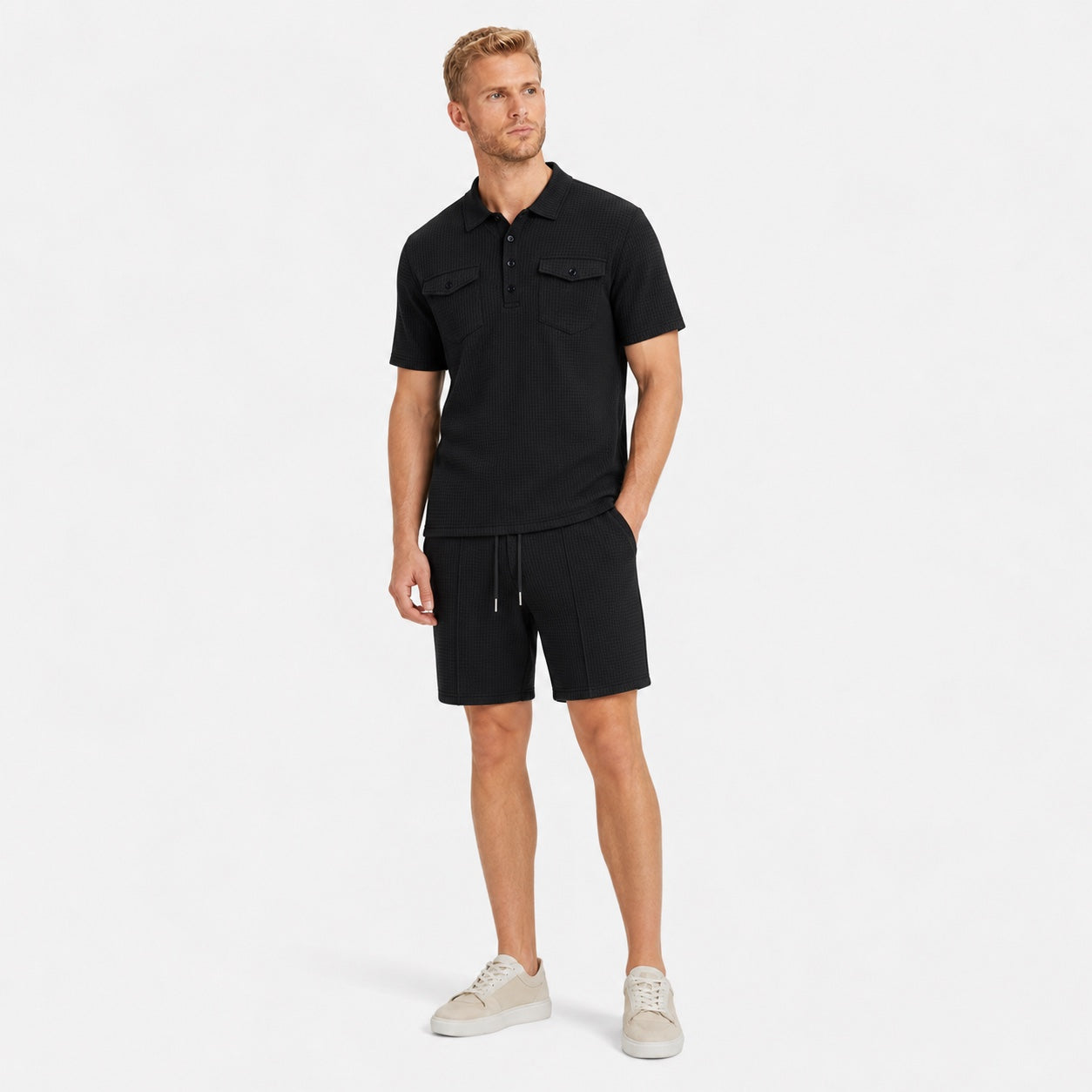 Men's Textured Polo Shirt and Shorts Set Twin Chest Pockets Relaxed Fit - Black front