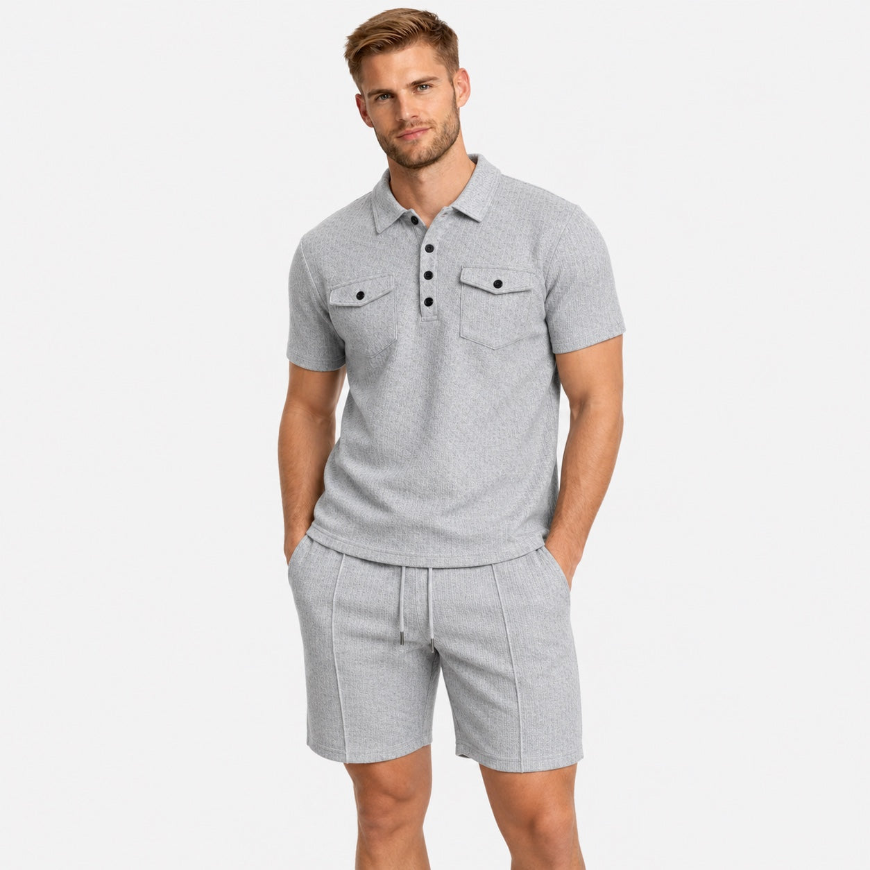 Men's Textured Polo Shirt and Shorts Set Twin Chest Pockets Relaxed Fit - Grey front
