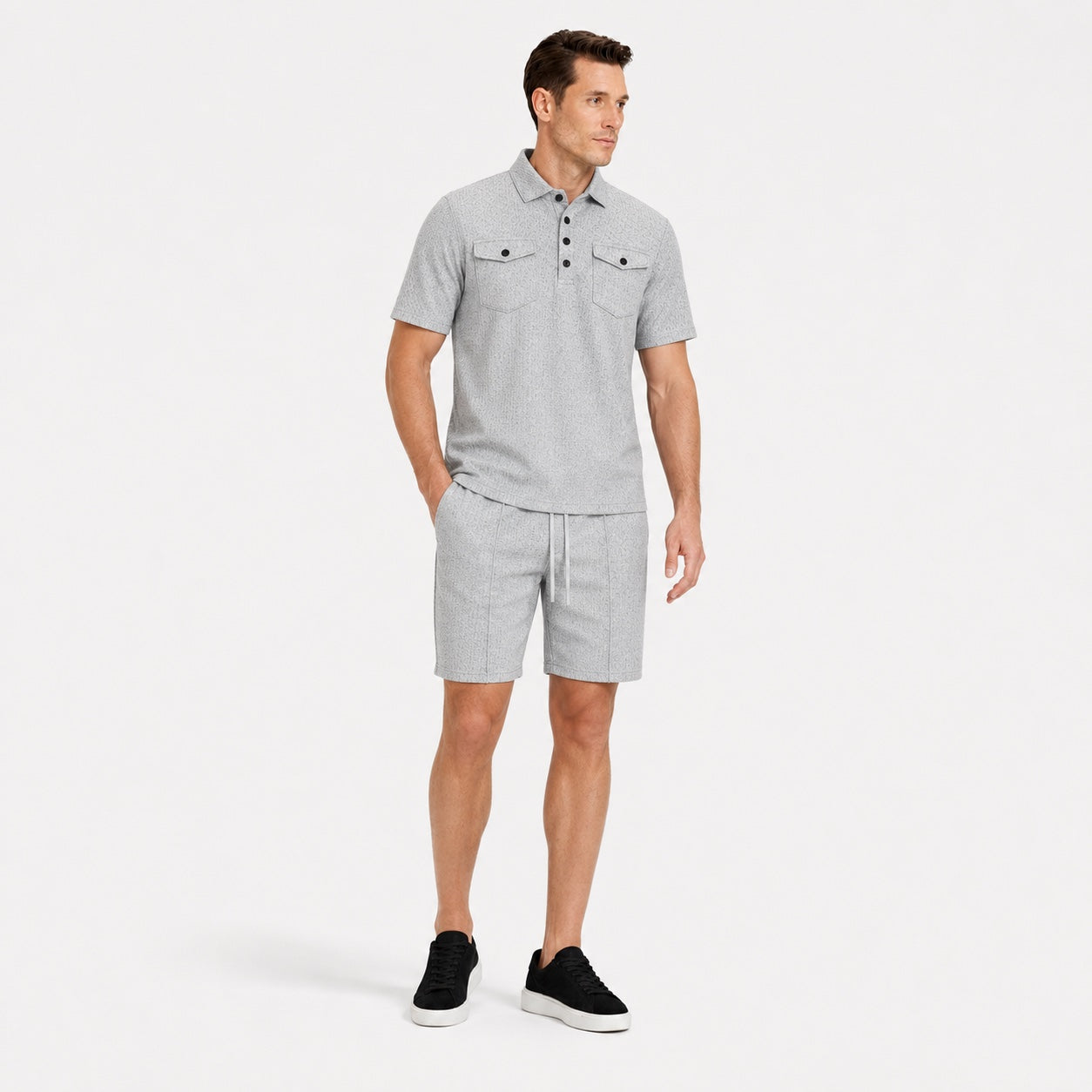 Men's Textured Polo Shirt and Shorts Set Twin Chest Pockets Relaxed Fit - Grey front