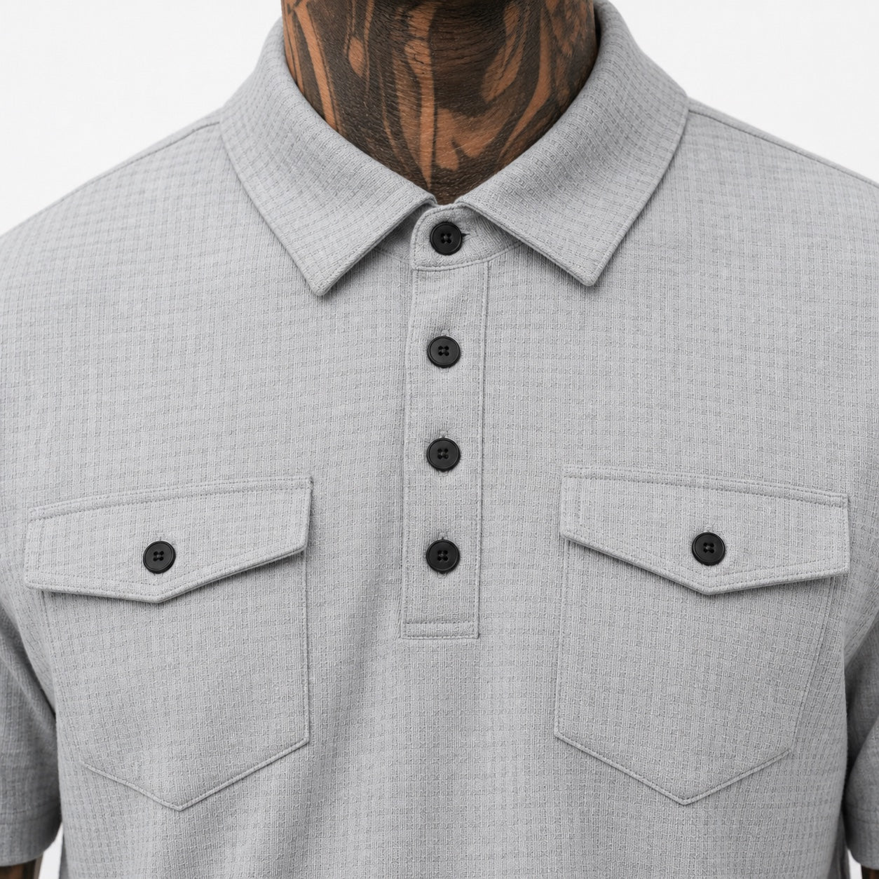 Men's Textured Polo Shirt and Shorts Set Twin Chest Pockets Relaxed Fit - Grey detail