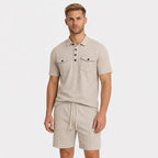 Men's Textured Polo Shirt and Shorts Set Twin Chest Pockets Relaxed Fit - Khaki front
