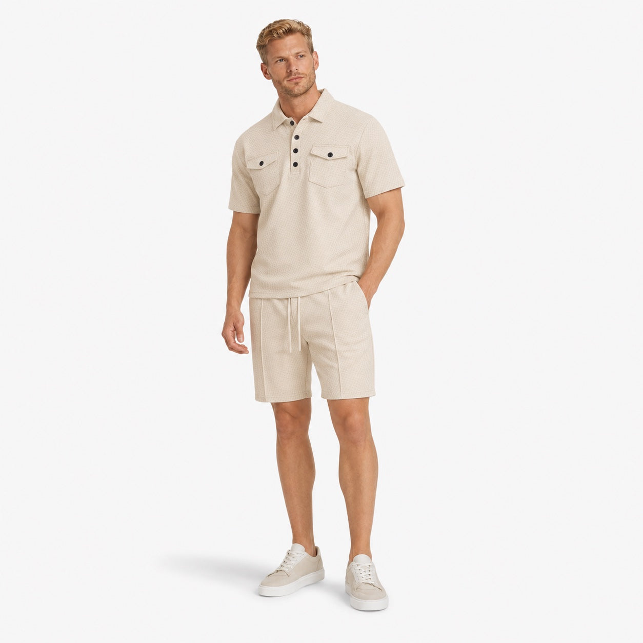 Men's Textured Polo Shirt and Shorts Set Twin Chest Pockets Relaxed Fit - Khaki front
