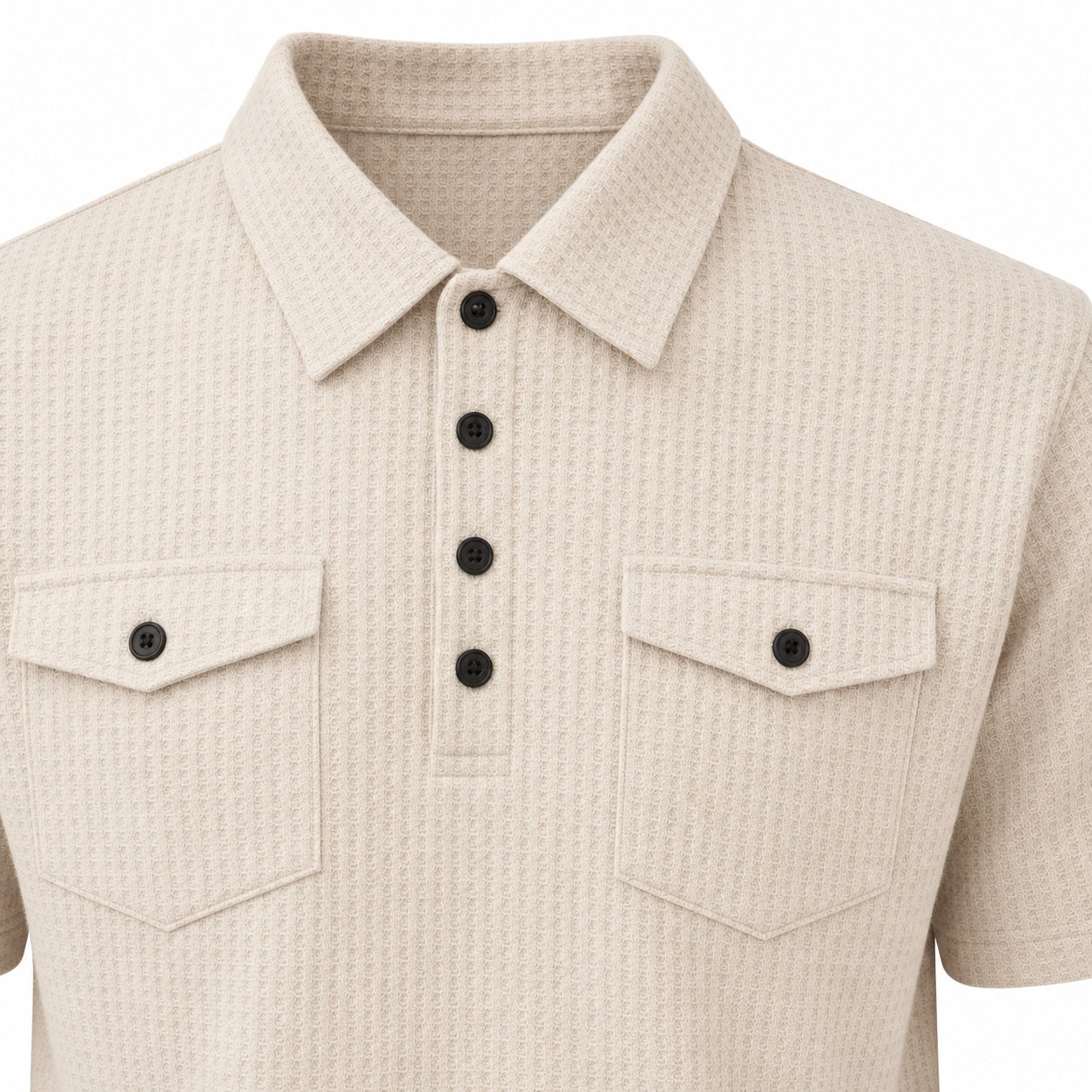 Men's Textured Polo Shirt and Shorts Set Twin Chest Pockets Relaxed Fit - Khaki detail