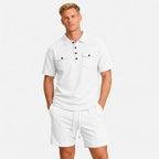 Men's Textured Polo Shirt and Shorts Set Twin Chest Pockets Relaxed Fit - White front