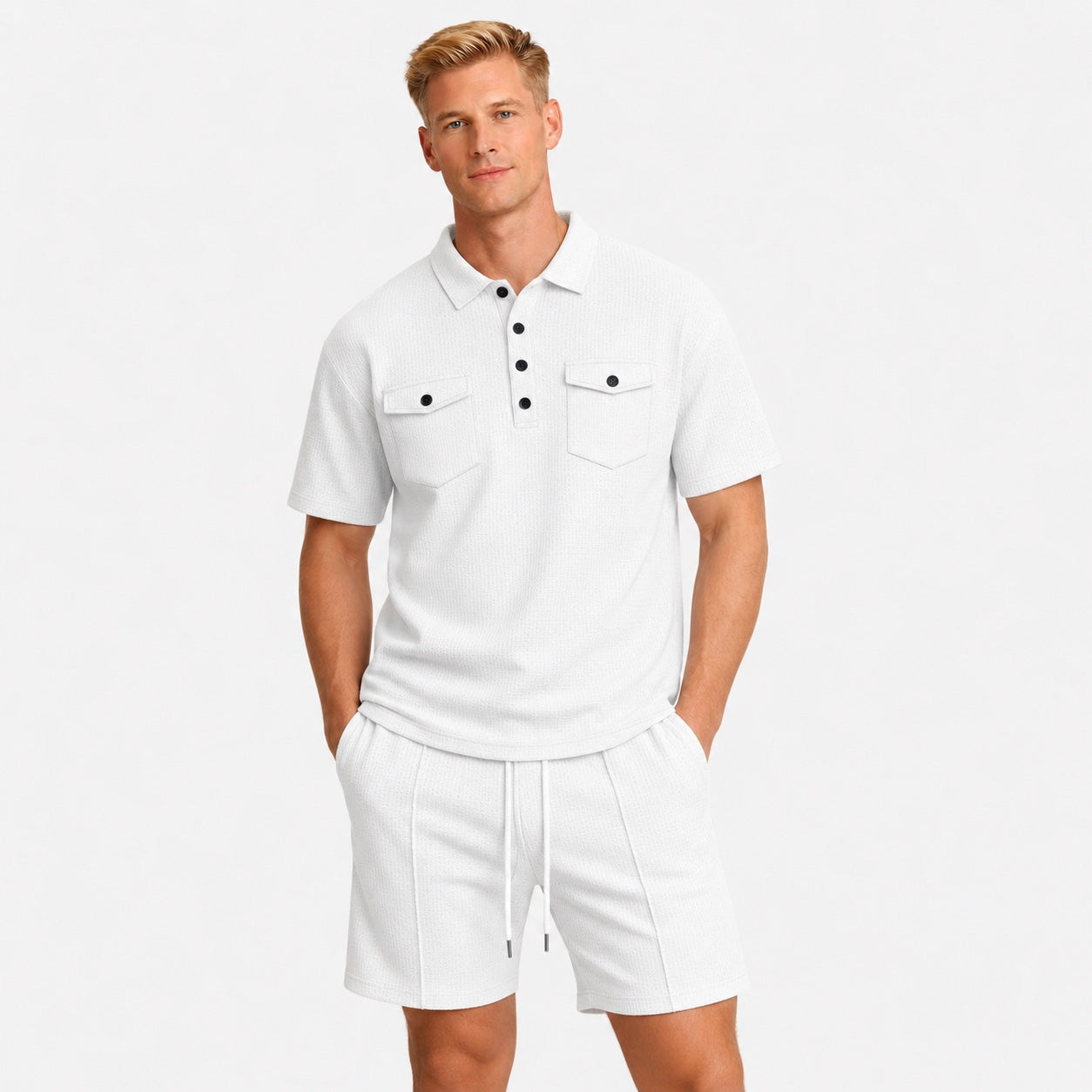 Men's Textured Polo Shirt and Shorts Set Twin Chest Pockets Relaxed Fit - White front