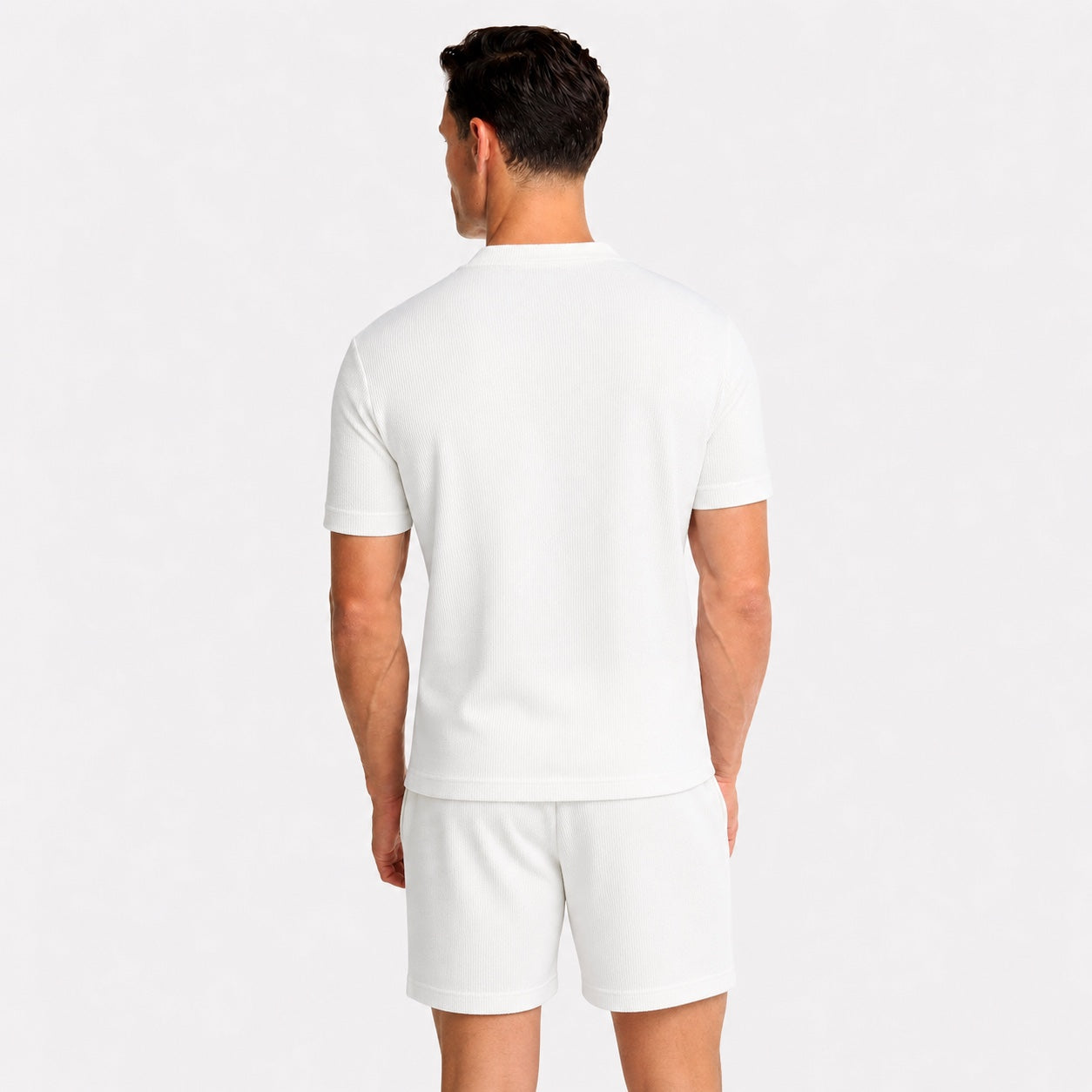 Men's Textured Polo Shirt and Shorts Set Twin Chest Pockets Relaxed Fit - White back