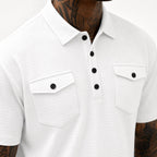 Men's Textured Polo Shirt and Shorts Set Twin Chest Pockets Relaxed Fit - White detail