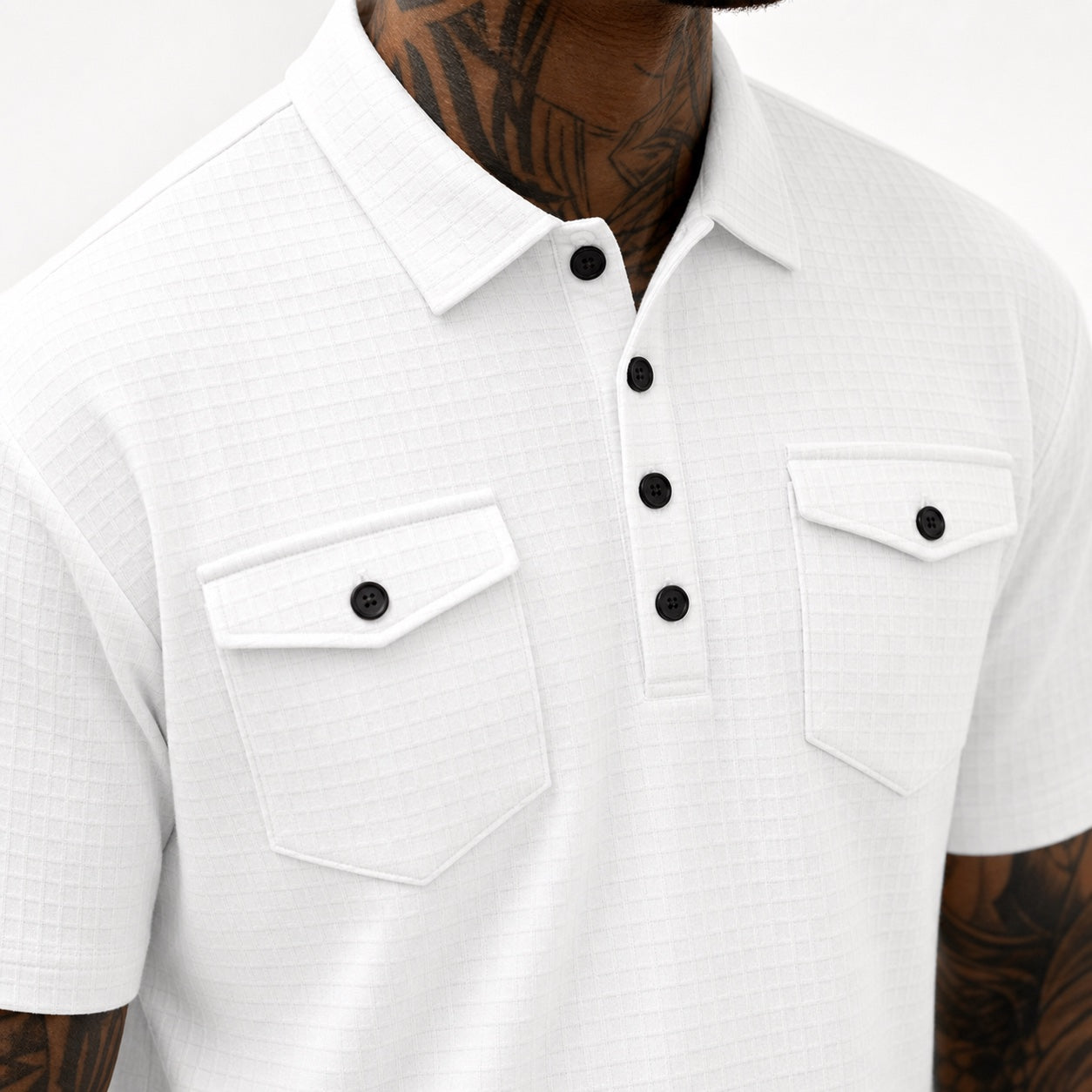 Men's Textured Polo Shirt and Shorts Set Twin Chest Pockets Relaxed Fit - White detail