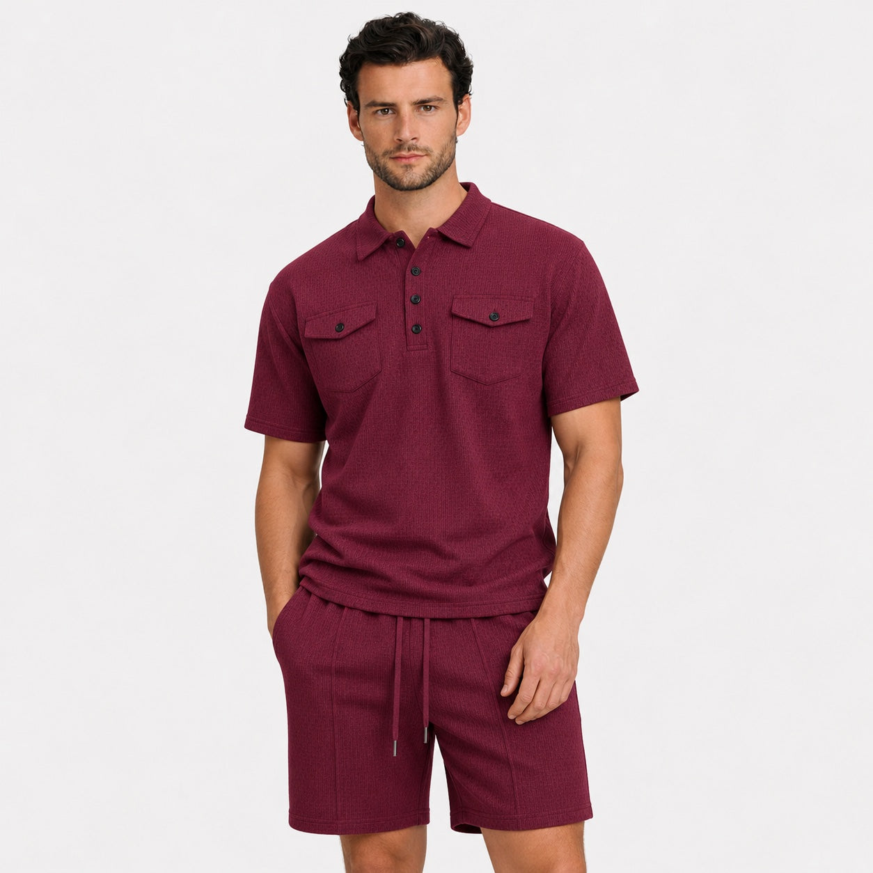 Men's Textured Polo Shirt and Shorts Set Twin Chest Pockets Relaxed Fit - Wine Red front