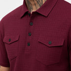 Men's Textured Polo Shirt and Shorts Set Twin Chest Pockets Relaxed Fit - Wine Red detail