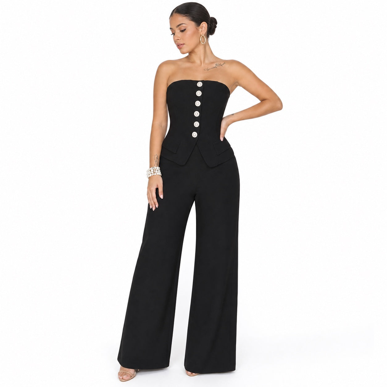 Women's Strapless Button Wide-Leg Jumpsuit