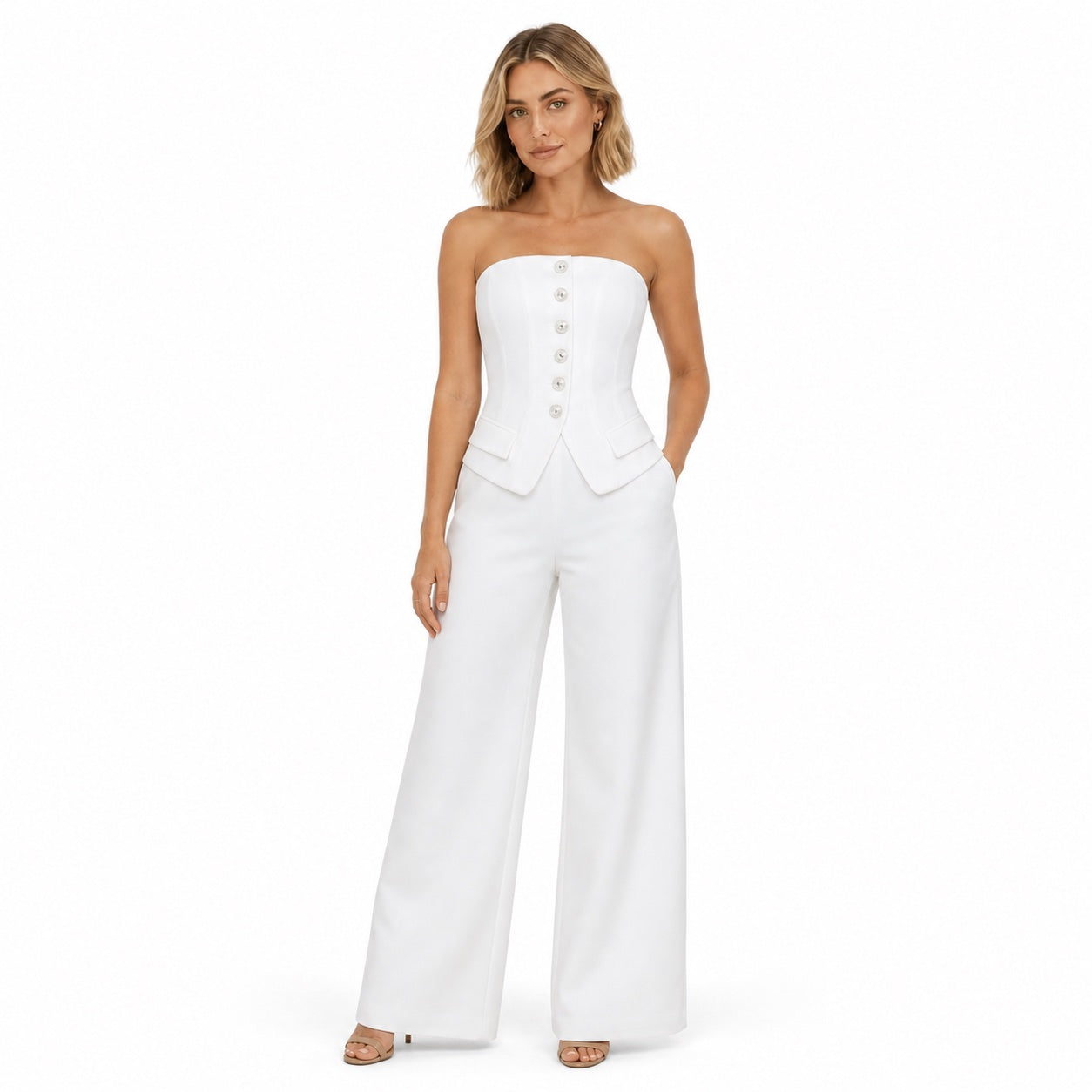 Women's Strapless Button Wide-Leg Jumpsuit