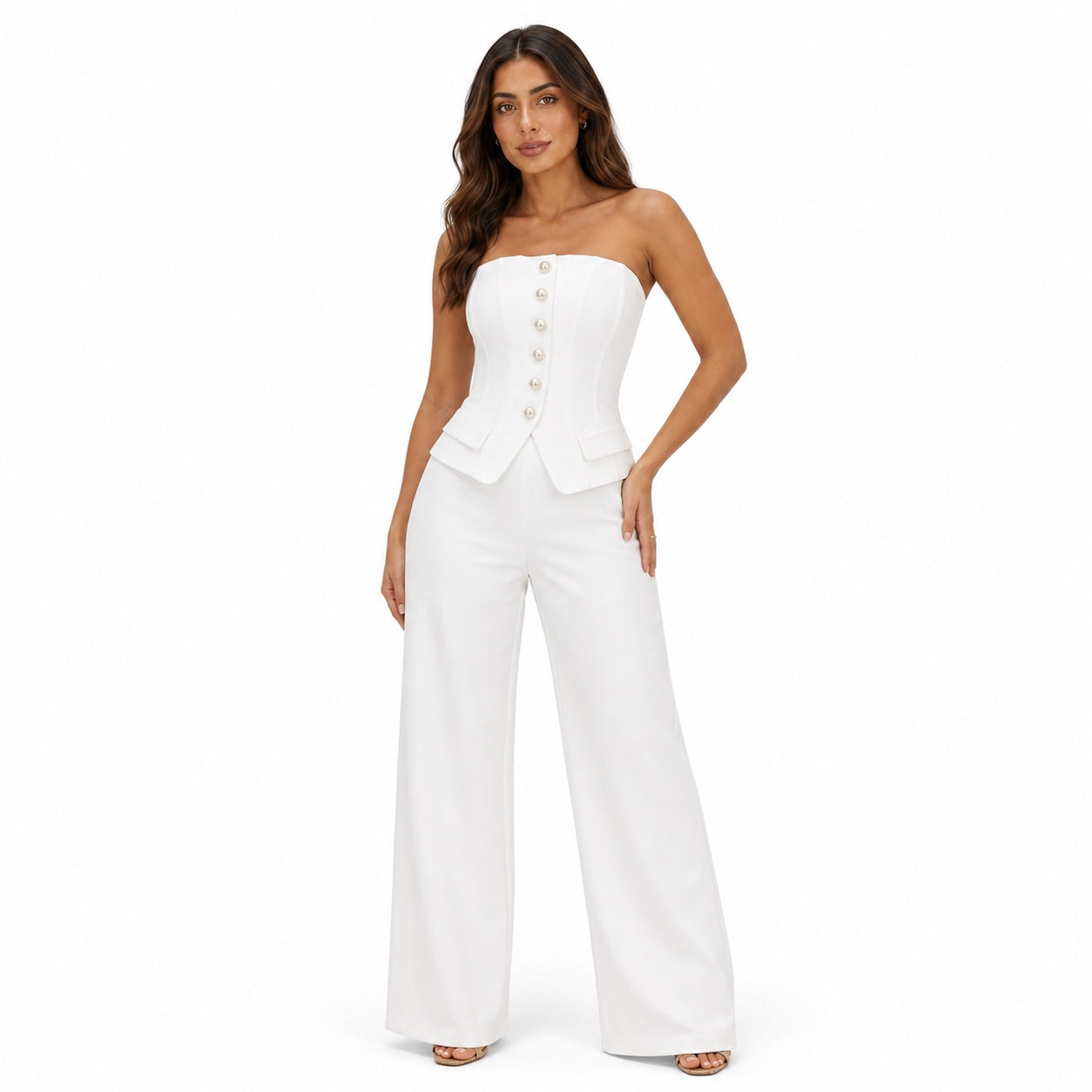 Women's Strapless Button Wide-Leg Jumpsuit