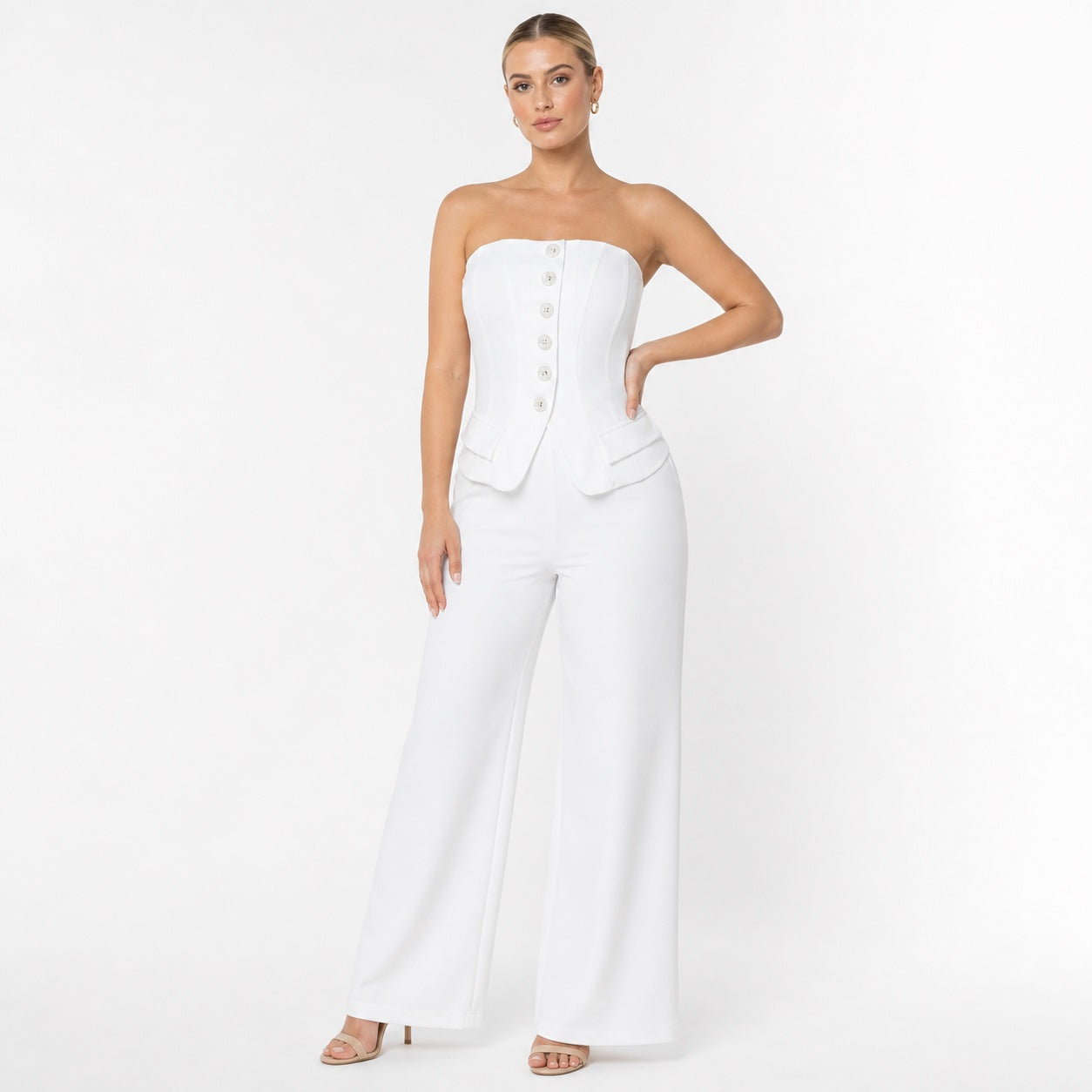 Women's Strapless Button Wide-Leg Jumpsuit