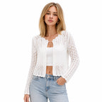Women's Open-Knit Cropped Cardigan Scalloped Trim