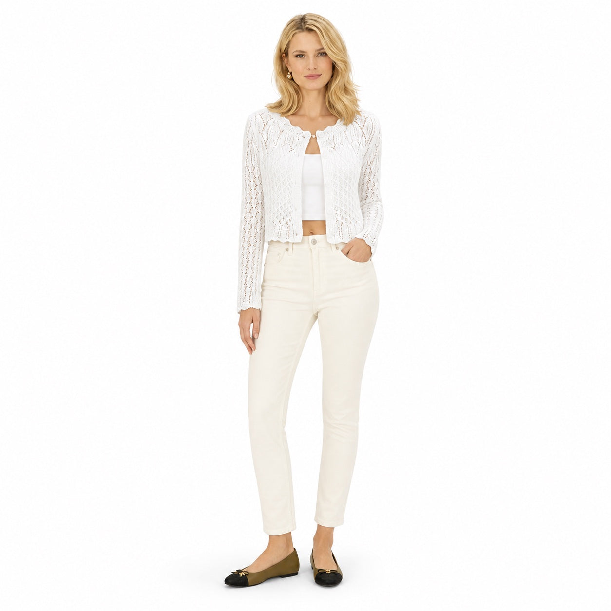 Women's Open-Knit Cropped Cardigan Scalloped Trim