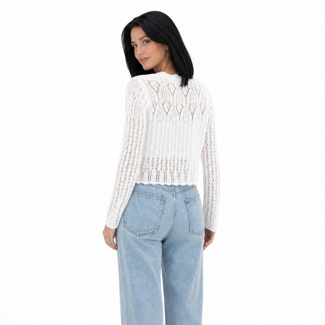 Women's Open-Knit Cropped Cardigan Scalloped Trim