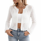 Women's Open-Knit Cropped Cardigan Scalloped Trim