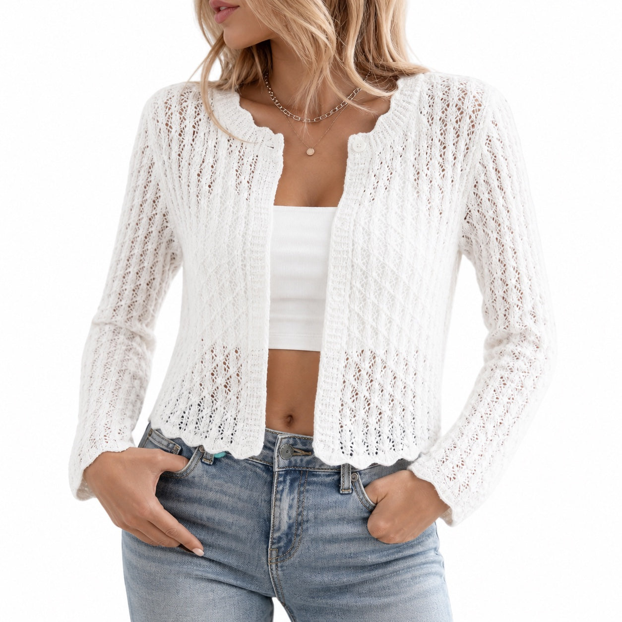 Women's Open-Knit Cropped Cardigan Scalloped Trim