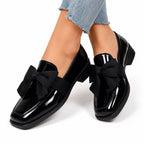 Women's Patent Bow Loafer Square Toe Low Block Heel