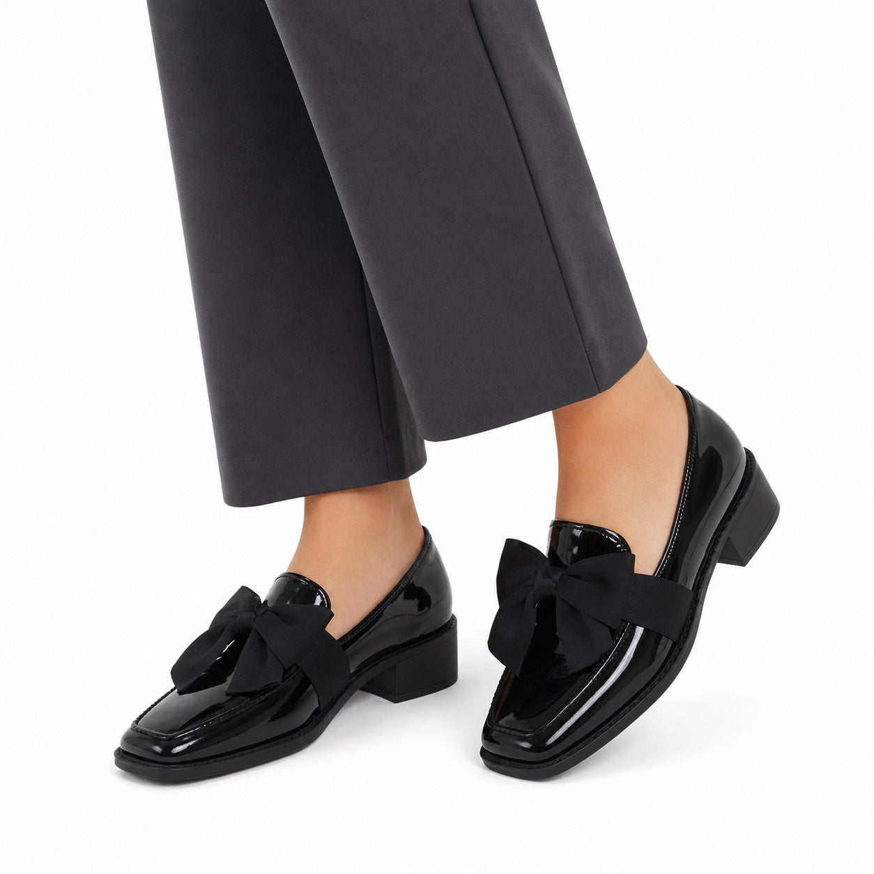 Women's Patent Bow Loafer Square Toe Low Block Heel