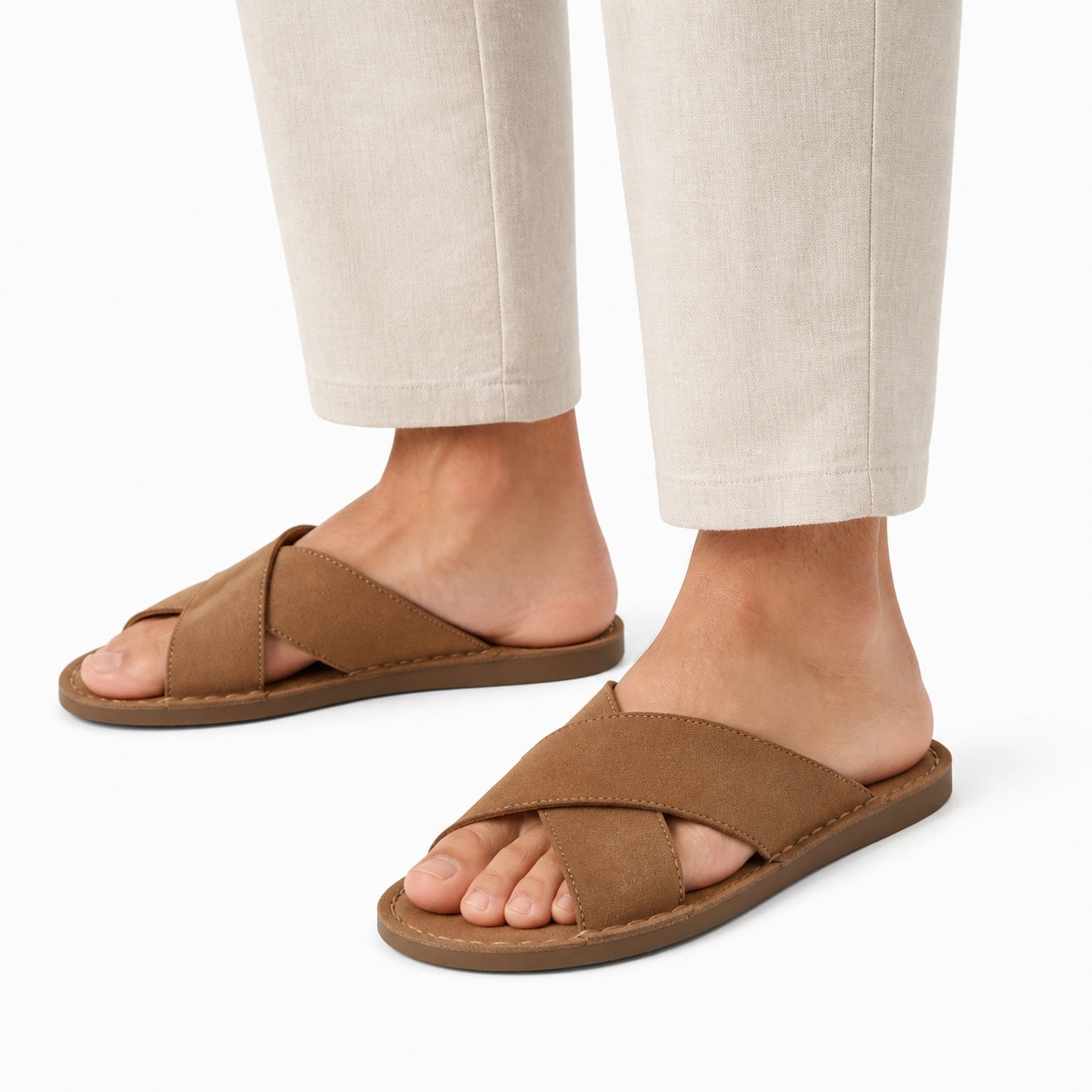 Men's Suede Cross-Strap Slide Sandals Flat Regular Fit