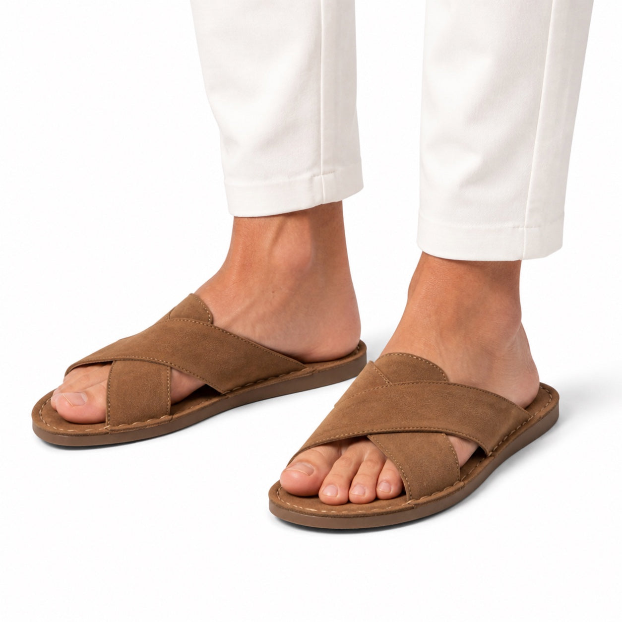 Men's Suede Cross-Strap Slide Sandals Flat Regular Fit