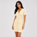 Women's ribbed button-front mini dress in pale yellow, alternate front view